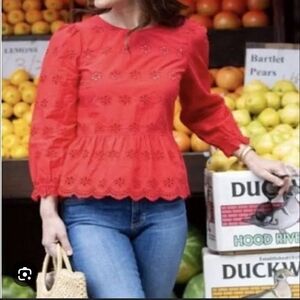 Madewell Red Eyelet Babydoll Poplin Top, Medium
